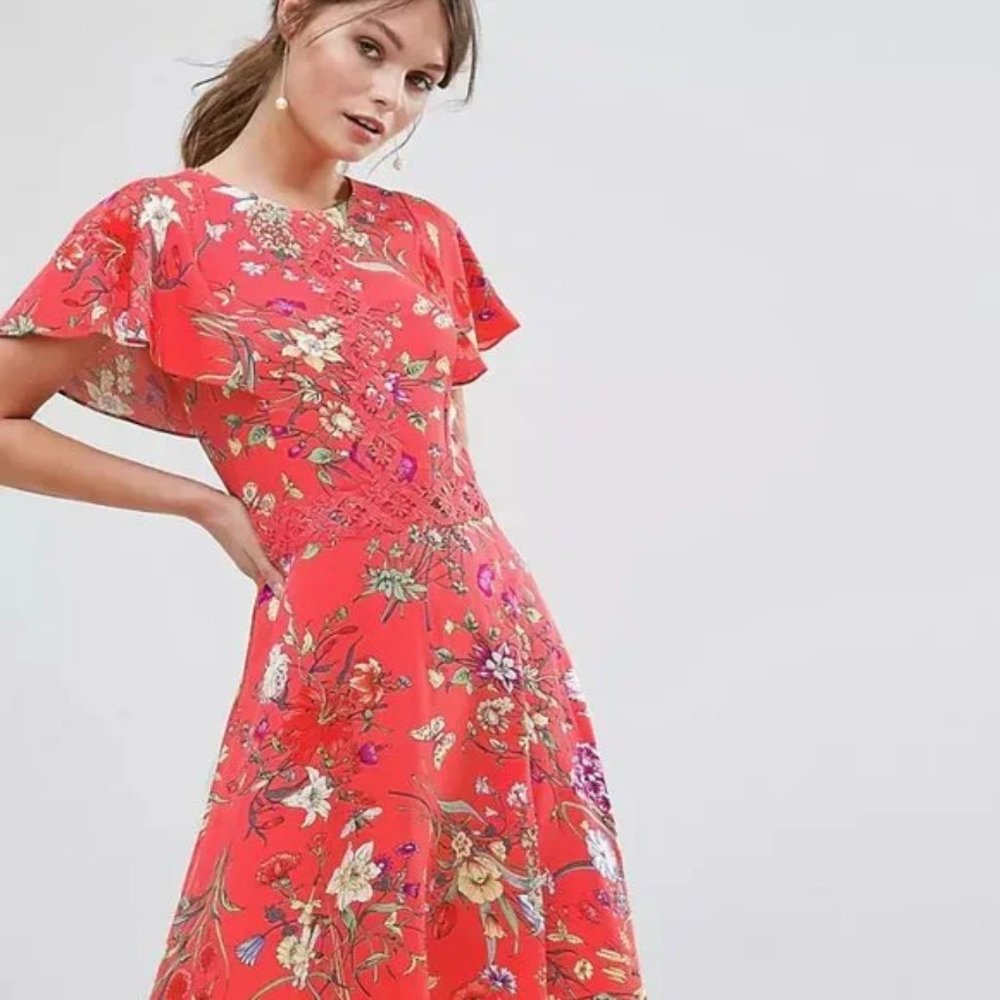 Oasis Floral Flute Sleeve Skater Dress Size 34